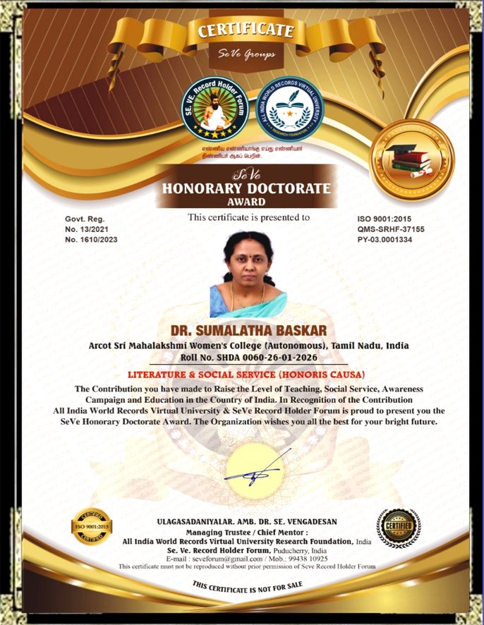 All India World Records Virtual University Research & Development conducts world record events globally, promotes online education, social service, youth empowerment, sports activities, sustainable development, and provides world record certifications and honorary doctorate awards., Chennai